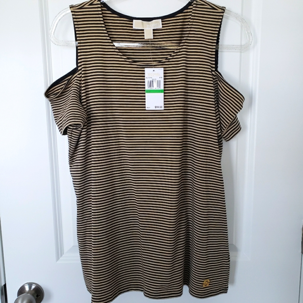 MICHAEL KORS Cold Shoulder Striped Short Sleeve Top—NWT—L - Picture 4 of 11
